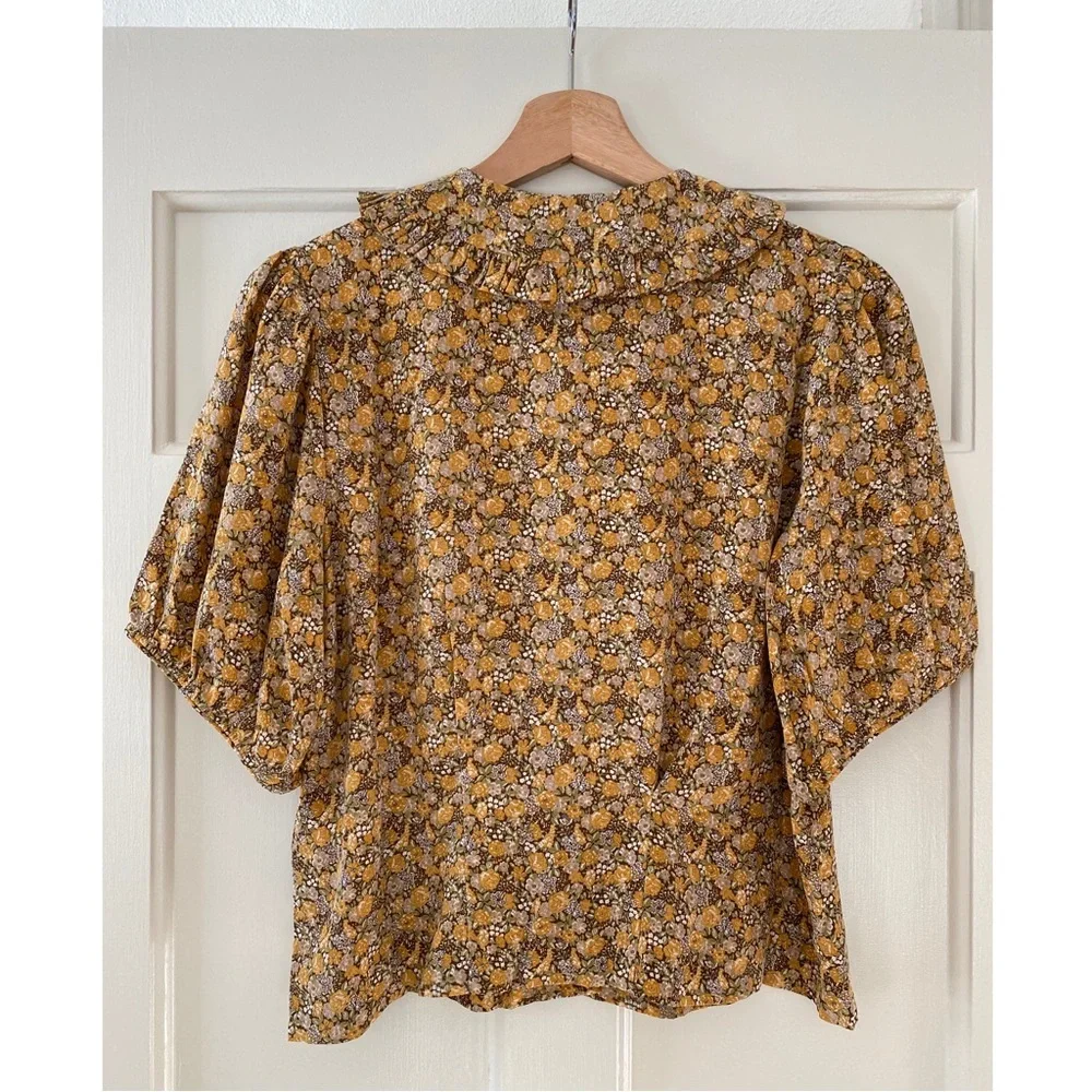 Doen Floral Puff-Sleeve Blouse in Mustard and Brown - Picture 6 of 9